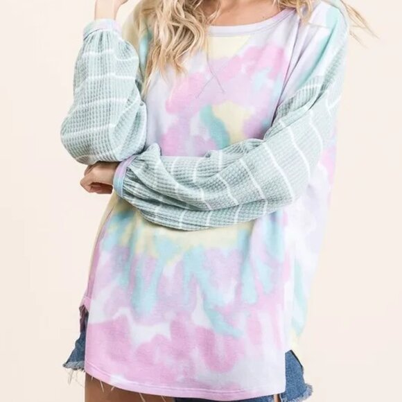 BiBi Tie Dye Terry Top with Wide Stripe Thermal Waffle - Picture 1 of 10
